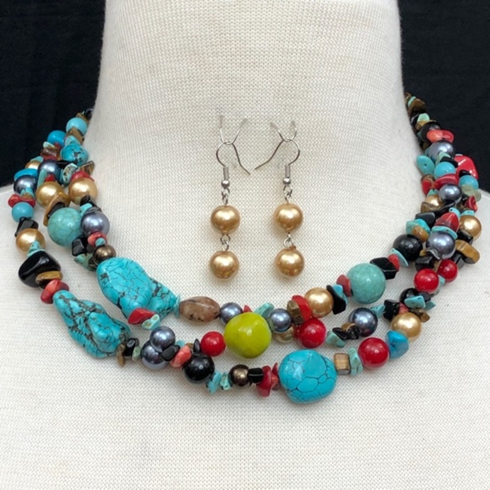 3 Row Layered Turquoise Stone Pearl Multicolor Beaded Necklace Earrings Set